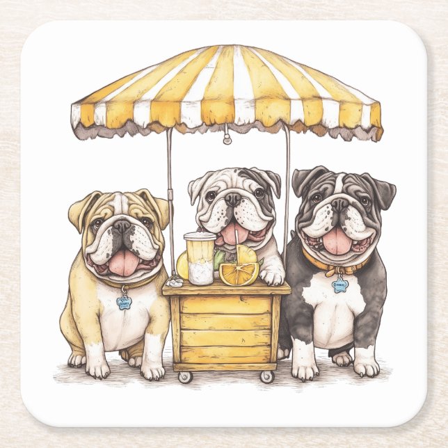 English Bulldogs Running A Lemonade Stand Square Paper Coaster (Front)