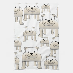 English Bulldogs, White. Dogs Pattern. Tea Towel