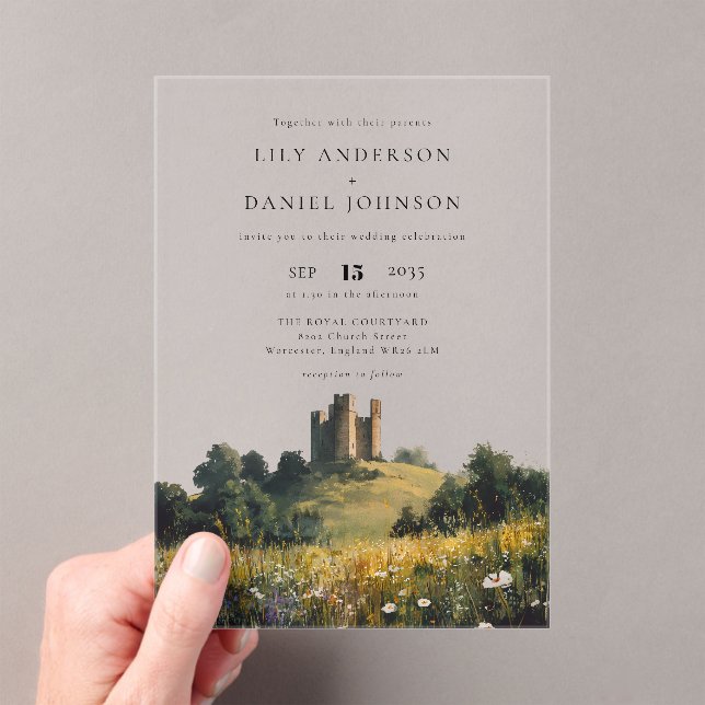 English Castle Wildflowers Floral Wedding Acrylic Invitations (Insitu (Handheld))