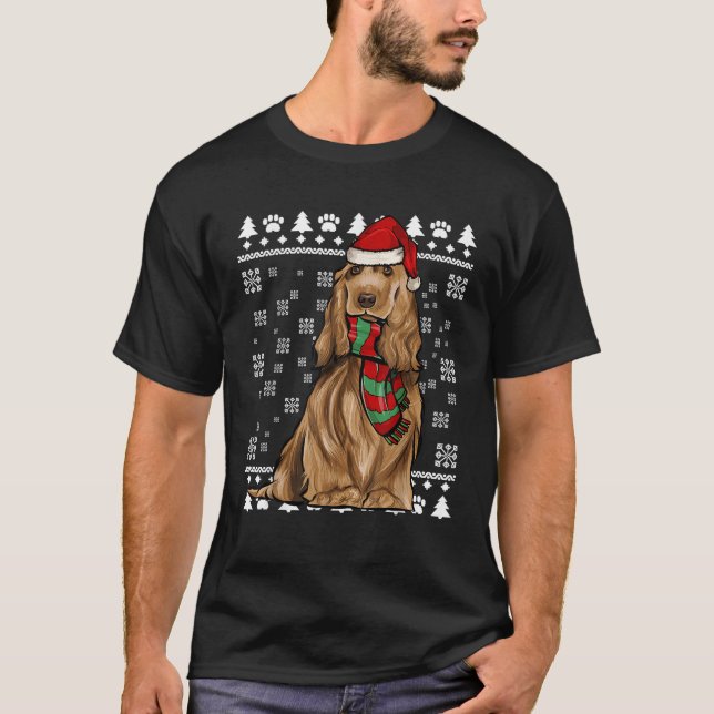 English Cocker Spaniel Dog Santa Hat Xmas Ugly Chr T-Shirt (Front)