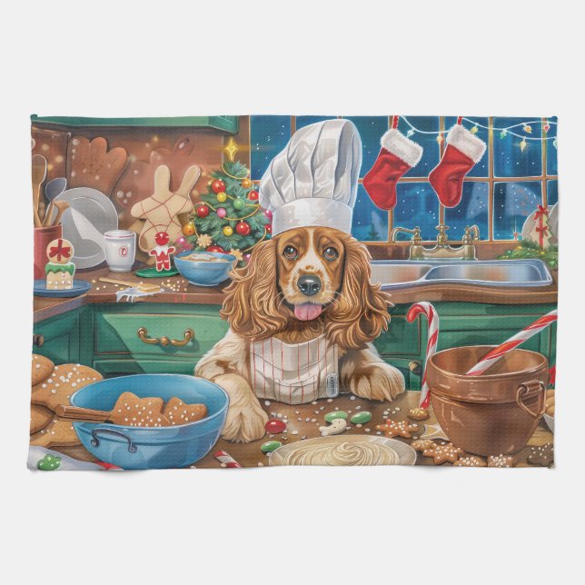 English Cocker Spaniel Holiday Baking: Christmas Tea Towel (Horizontal)
