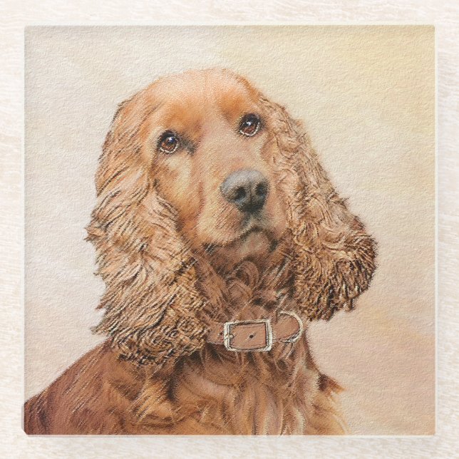 English Cocker Spaniel Painting - Original Dog Art Glass Coaster (Front)