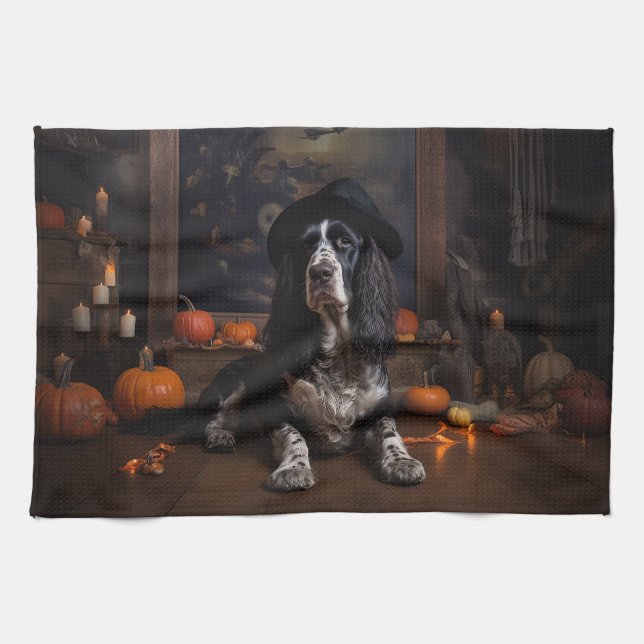 English Cocker Spaniel Pumpkins Halloween Scary  Tea Towel (Horizontal)