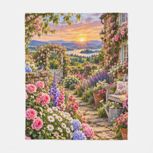 English Cottage Garden at Sunset Fleece Blanket