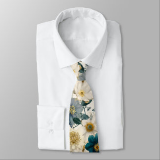 English Cottage Garden Blue And Cream Floral  Tie