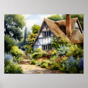 English Cottage House Garden Watercolor Art Poster