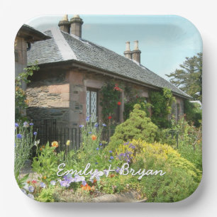 English Cottage II with Flower Garden Photography Paper Plate