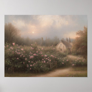 English cottage rose garden - vintage art  poster