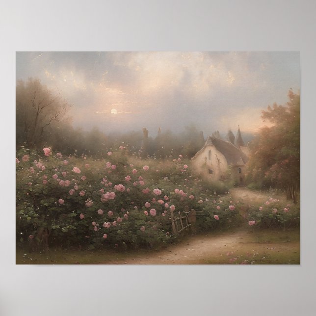 English cottage rose garden - vintage art  poster (Front)