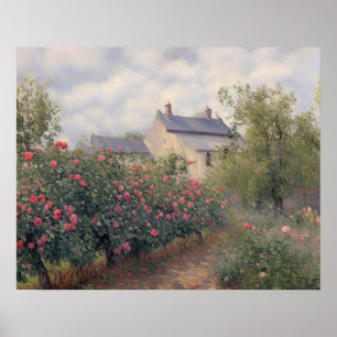 English cottage rose garden - vintage art poster
