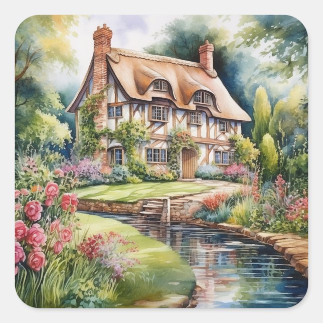English Cottage Square Sticker (Front)