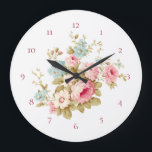 English Cottage Vintage Pink Roses Large Clock<br><div class="desc">Gorgeous cluster of pink roses and daisies with blue wildflowers and sage foliage. Background colour can be customised. Includes customisable numerals.</div>