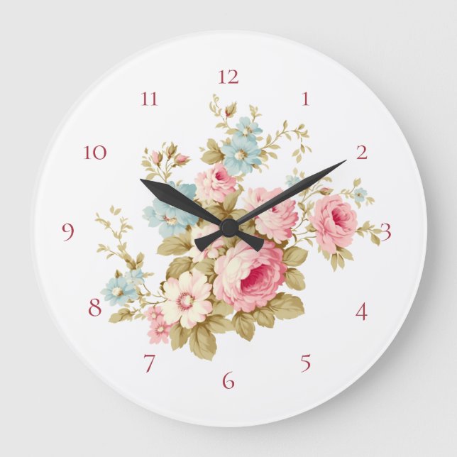 English Cottage Vintage Pink Roses Large Clock (Front)