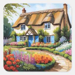 English country cottage and garden square sticker