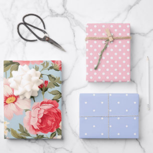English Countryside Flower Garden and Polka Dots Wrapping Paper Sheet