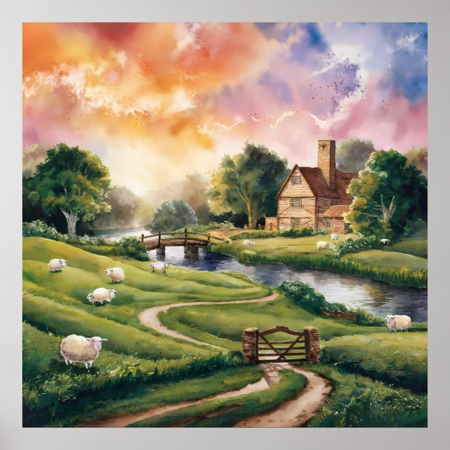 English Countryside Watercolor Landscape Painting Poster (Front)