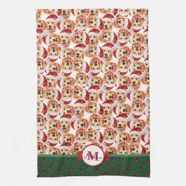 English Cream Golden Monogram Christmas Dog Tea Towel (Vertical)