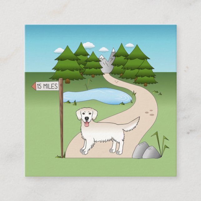 English Cream Golden Retriever By A Hiking Trail Square Business Card (Front)