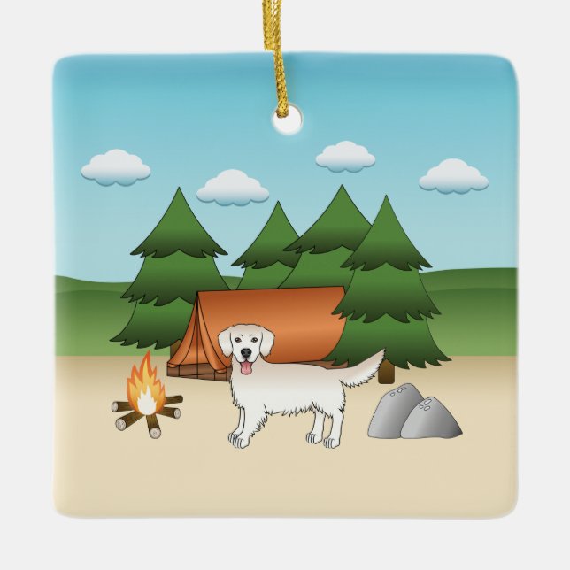 English Cream Golden Retriever Camping In A Forest Ceramic Ornament (Front)