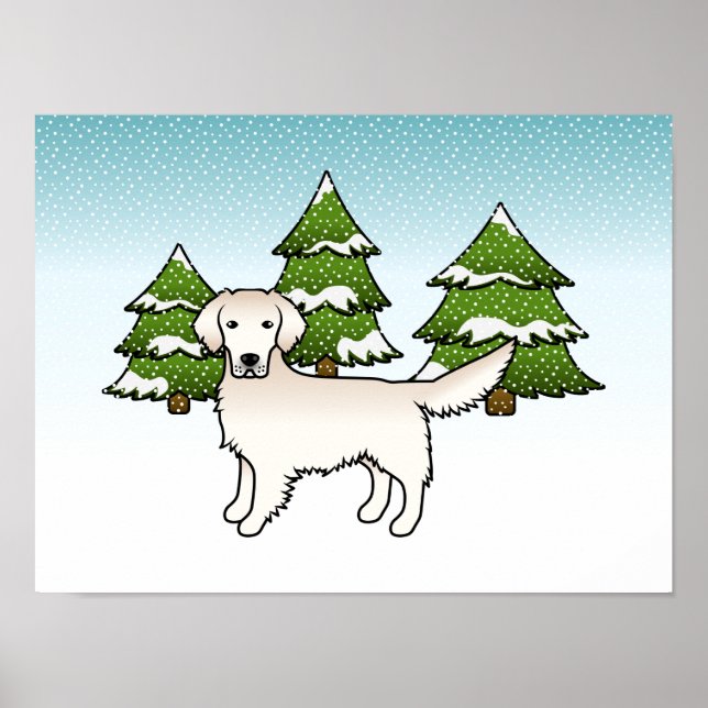 English Cream Golden Retriever In Winter & Trees Poster (Front)