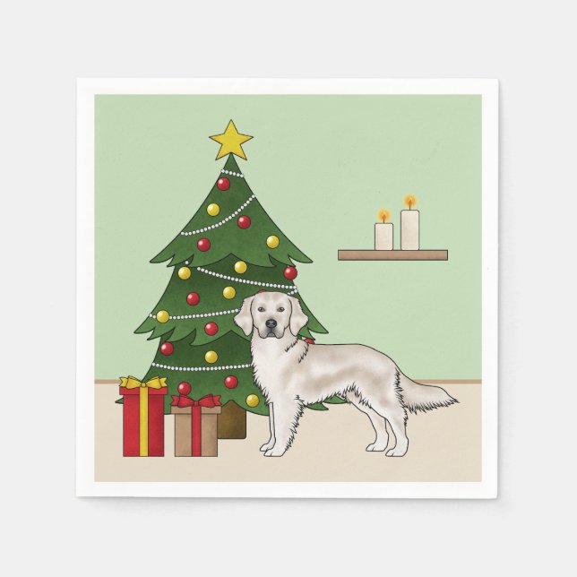 English Cream Golden Retriever With Christmas Tree Napkin (Front)