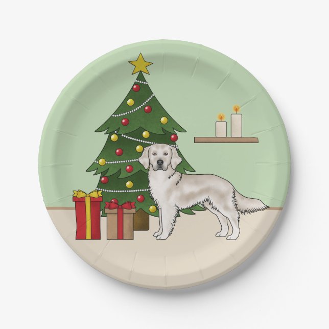 English Cream Golden Retriever With Christmas Tree Paper Plate (Front)
