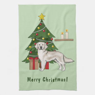 English Cream Golden Retriever With Christmas Tree Tea Towel