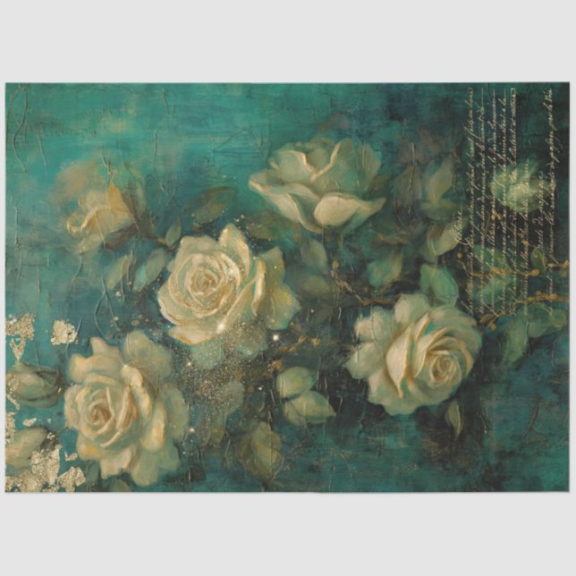 English cream roses gold foil emerald deep green  tissue paper (Front)