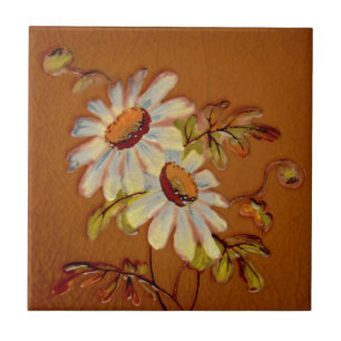 English Daises on Clay Color Barbotine Repro c1900 Tile