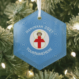 English Flag Hanukkah Angel Name Year Hexagon Glass Tree Decoration