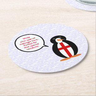 English Flag Holiday Ms. Penguin Talking Round Paper Coaster