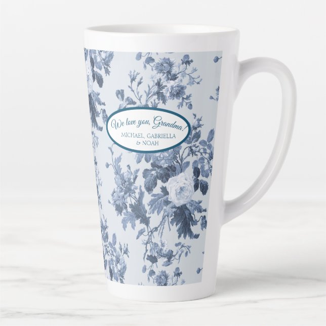English Floral Garden Dusty Blue n White Grandma Latte Mug (Right)