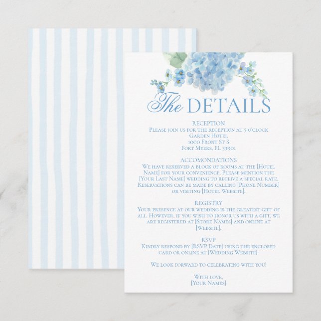 English Garden Blue Hydrangea Wedding Details Enclosure Card (Front/Back)