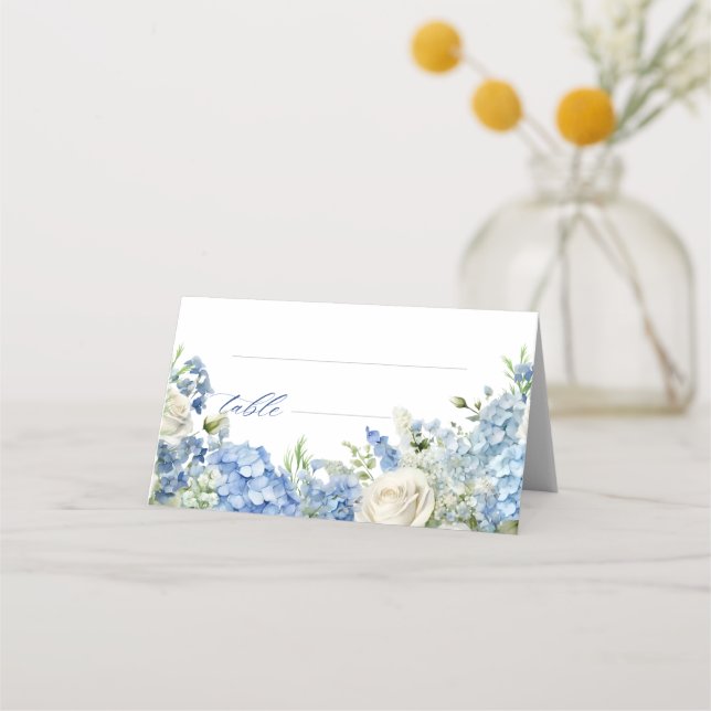 English Garden Blue Hydrangea White Roses Table Place Card (Front)