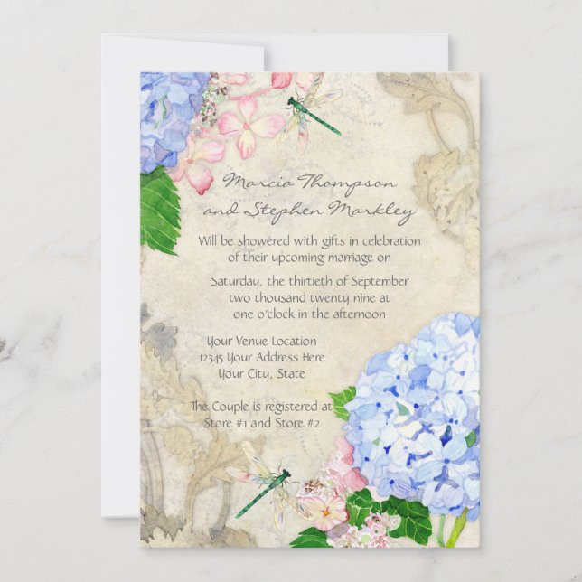 English Garden, Blue n Pink Hydrangeas Watercolor Invitation (Front)