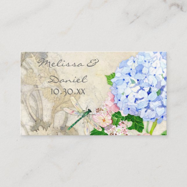 English Garden, Blue n Pink Hydrangeas Watercolor Place Card (Front)