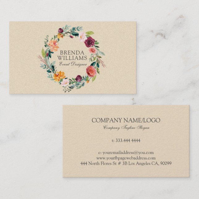 English garden colourful flowers wreath business c business card (Front/Back)