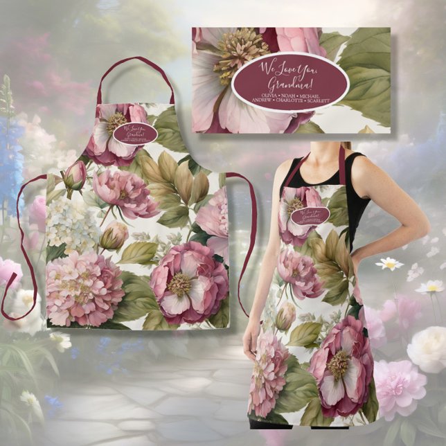 English Garden Floral Peony Pink Wine Grandmother Apron (Creator Uploaded)