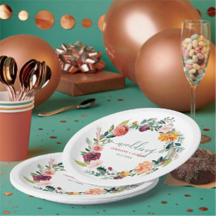 English Garden Flowers Wreath Custom Wedding Text Paper Plate