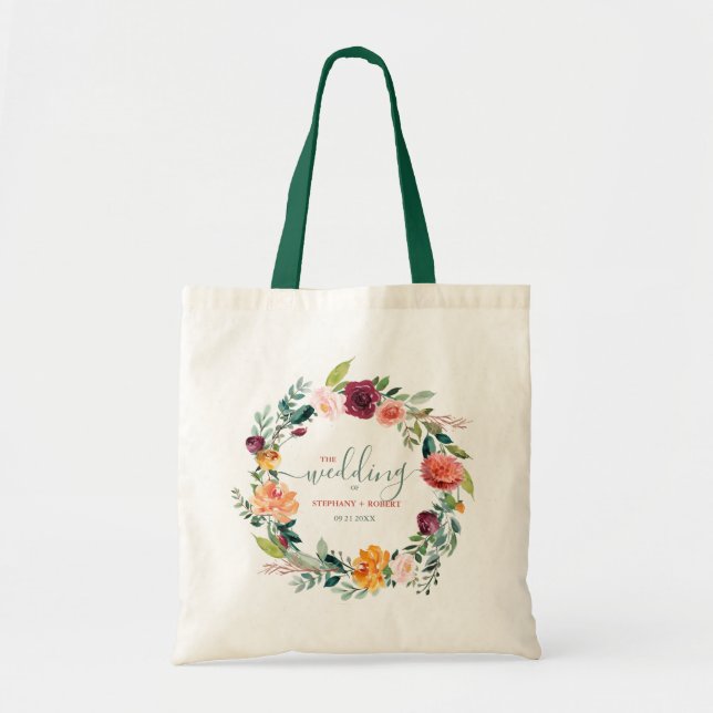 English Garden Flowers Wreath Custom Wedding Text Tote Bag (Front)