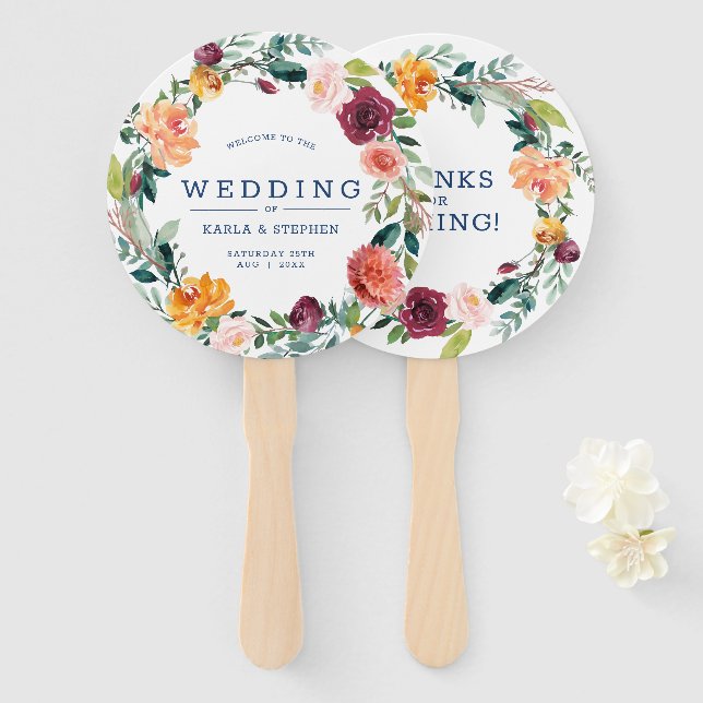 English garden flowers wreath wedding design hand fan (Front and Back)