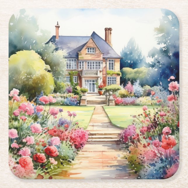 English Garden Landscape Square Paper Coaster (Front)