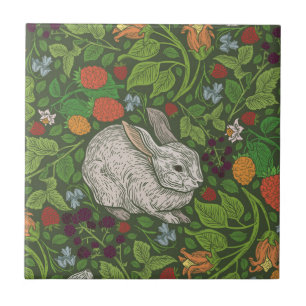 English Garden Rabbits Woodcut  Tile