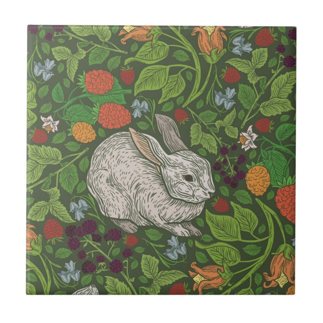 English Garden Rabbits Woodcut  Tile (Front)