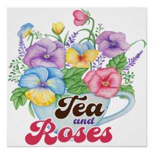 English Garden Style Tea And Roses Floral Art Poster