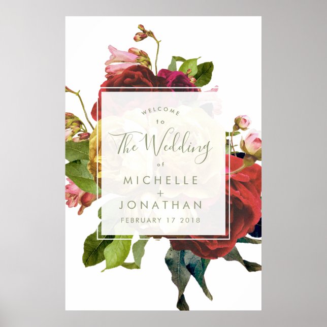 English Garden Vintage Rose Wedding Welcome Poster (Front)