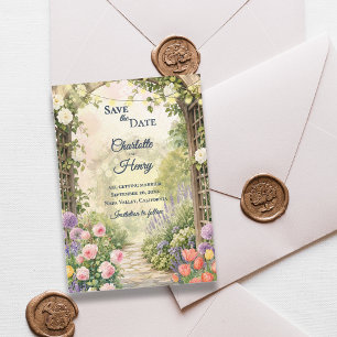 English Garden Watercolor Floral Arbor Wedding Save The Date