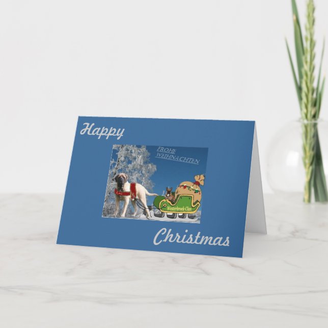 English Mastiff and French Bulldog Sled Holiday Card (Front)