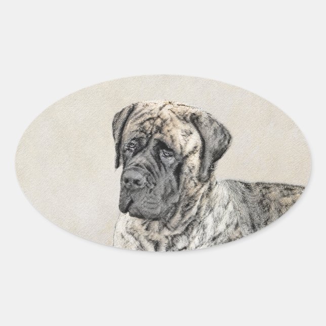 English Mastiff (Brindle) Painting - Dog Art Oval Sticker (Front)
