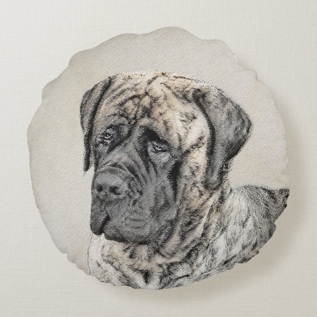 English Mastiff (Brindle) Painting - Dog Art Round Cushion (Back)